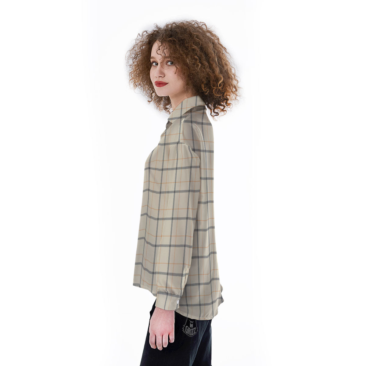 Tattersall Yellow And Beige Print Pattern Women's Long Sleeve Shirts-grizzshop