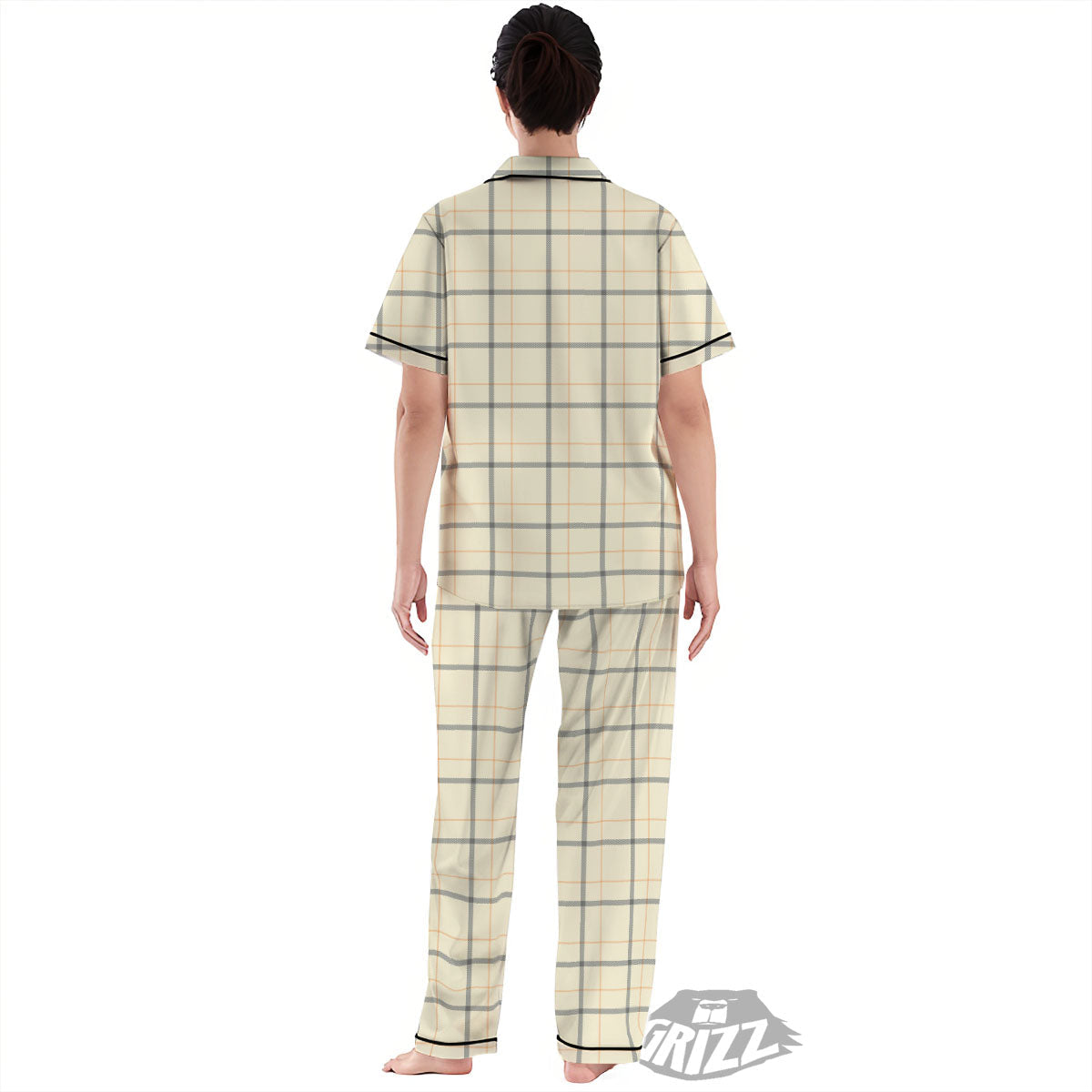 Tattersall Yellow And Beige Print Pattern Women's Pajamas Set-grizzshop