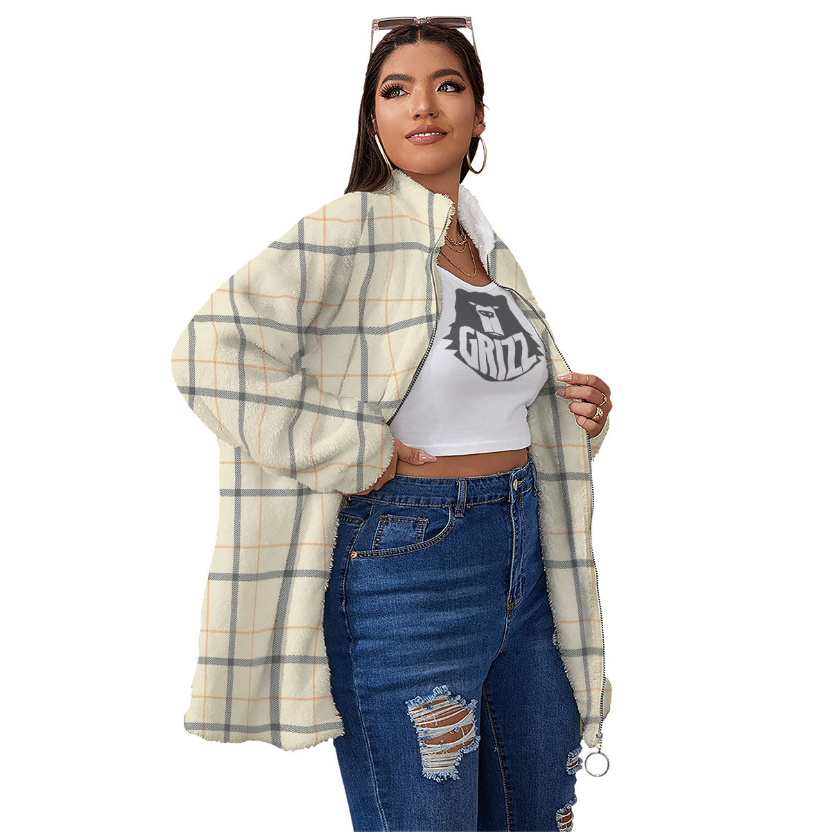 Tattersall Yellow And Beige Print Pattern Women's Sherpa Jacket-grizzshop