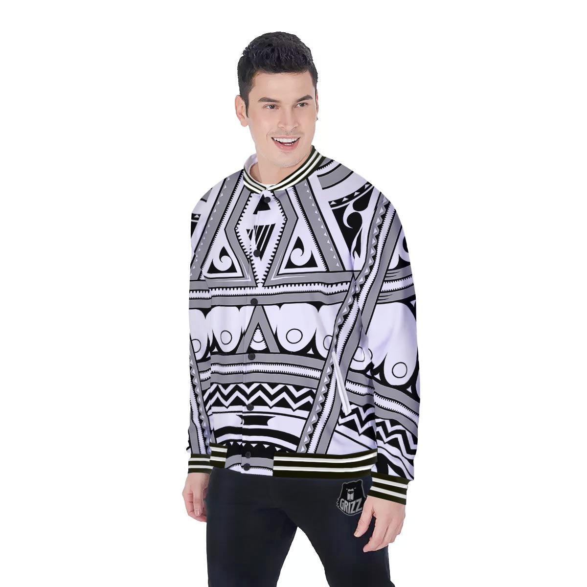 Tatto Polynesian Tribal Maori Print Baseball Jacket-grizzshop