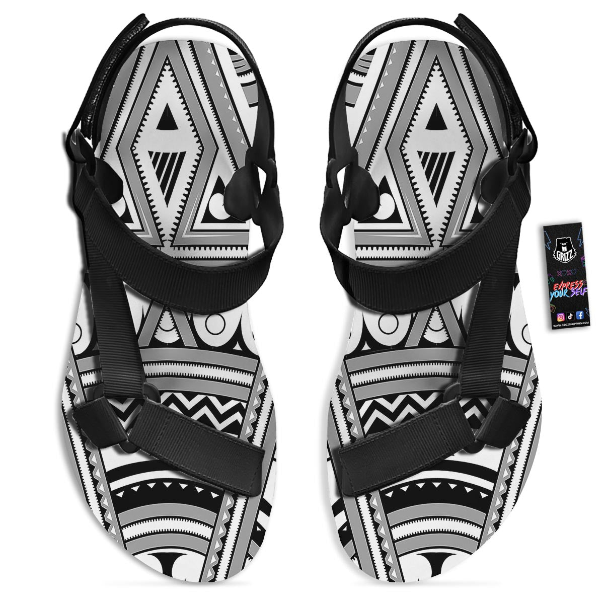 Tatto Polynesian Tribal Maori Print Black Open Toe Sandals-grizzshop