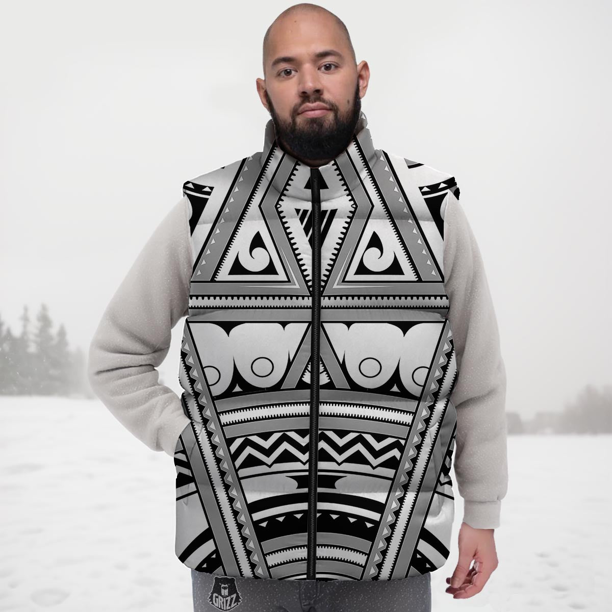 Tatto Polynesian Tribal Maori Print Down Vest