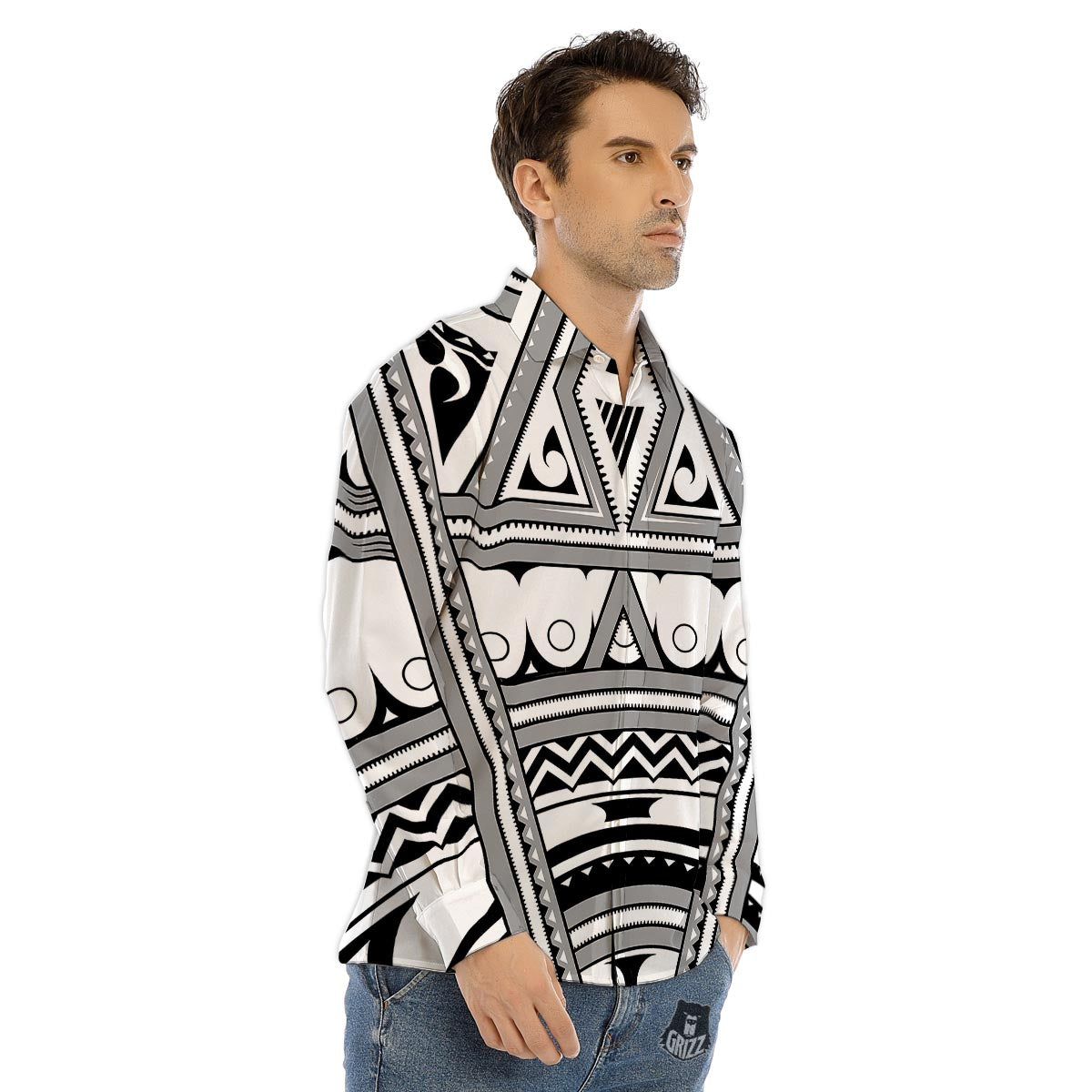 Tatto Polynesian Tribal Maori Print Men's Dress Shirts-grizzshop