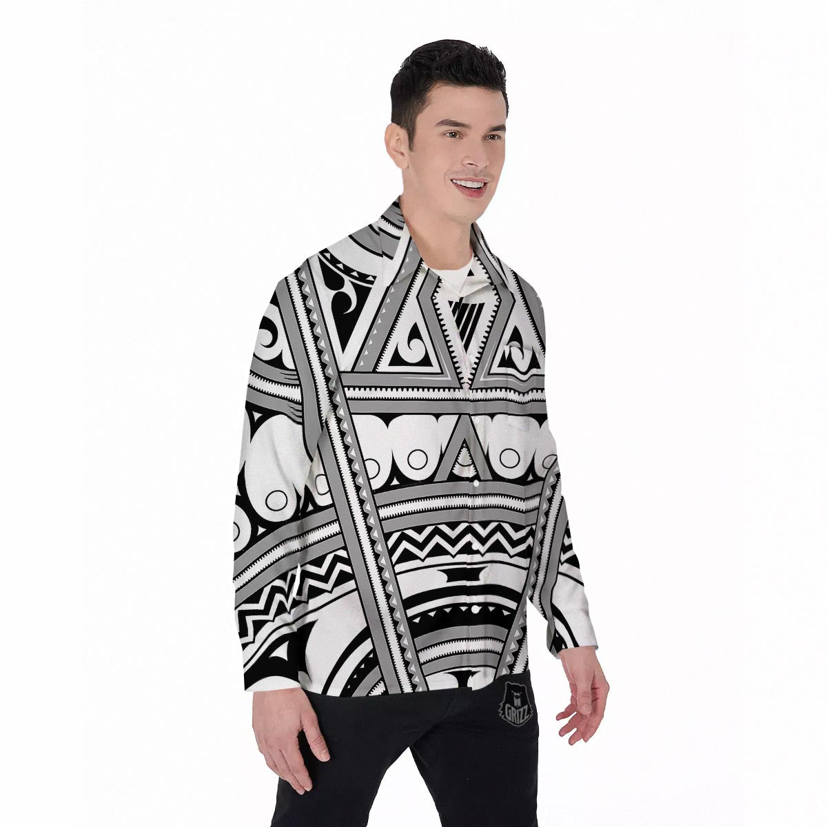 Tatto Polynesian Tribal Maori Print Men's Long Sleeve Shirts-grizzshop