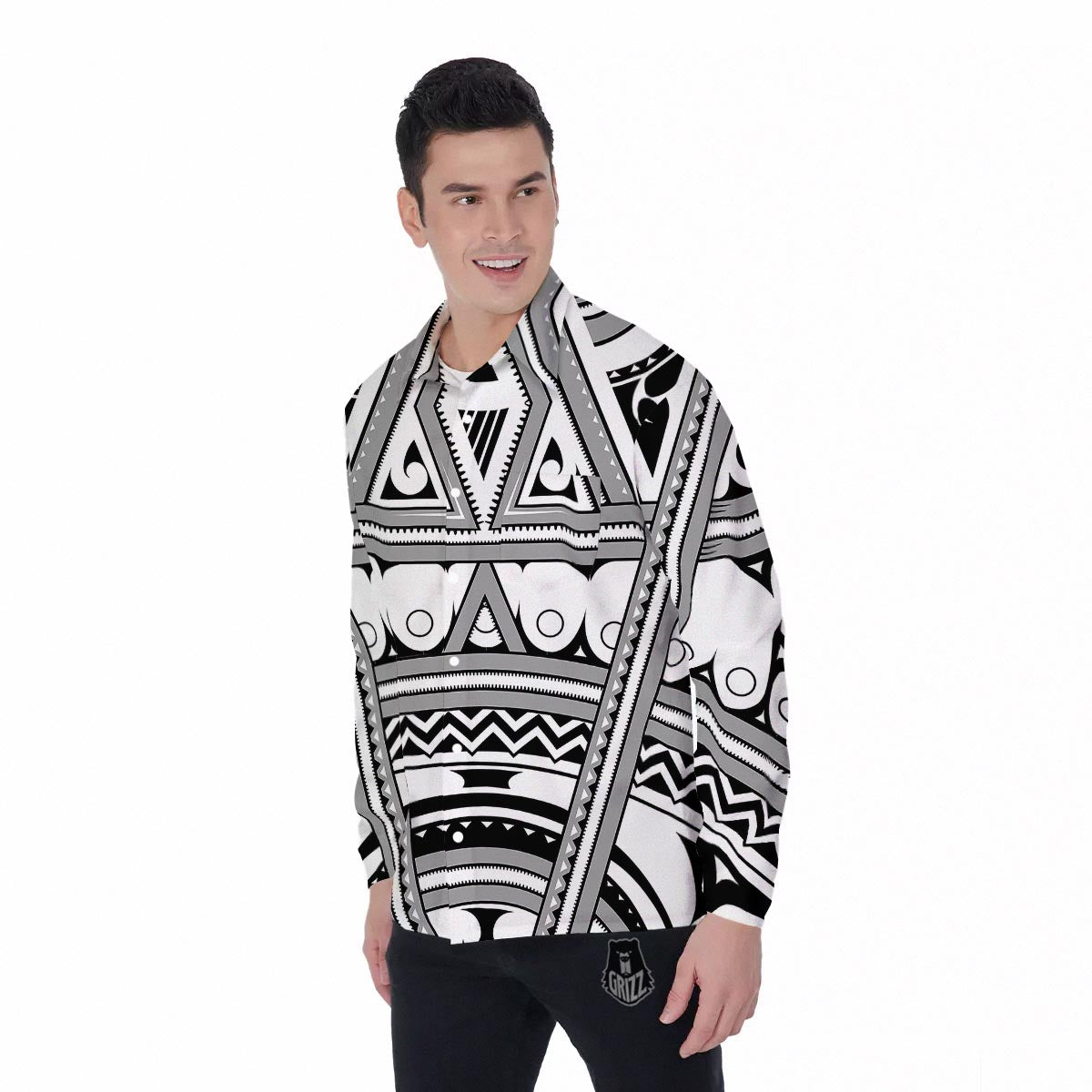 Tatto Polynesian Tribal Maori Print Men's Long Sleeve Shirts-grizzshop