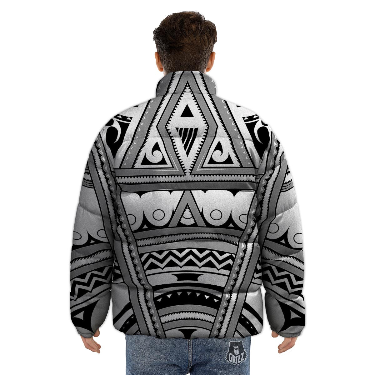 Tatto Polynesian Tribal Maori Print Puffer Jacket-grizzshop