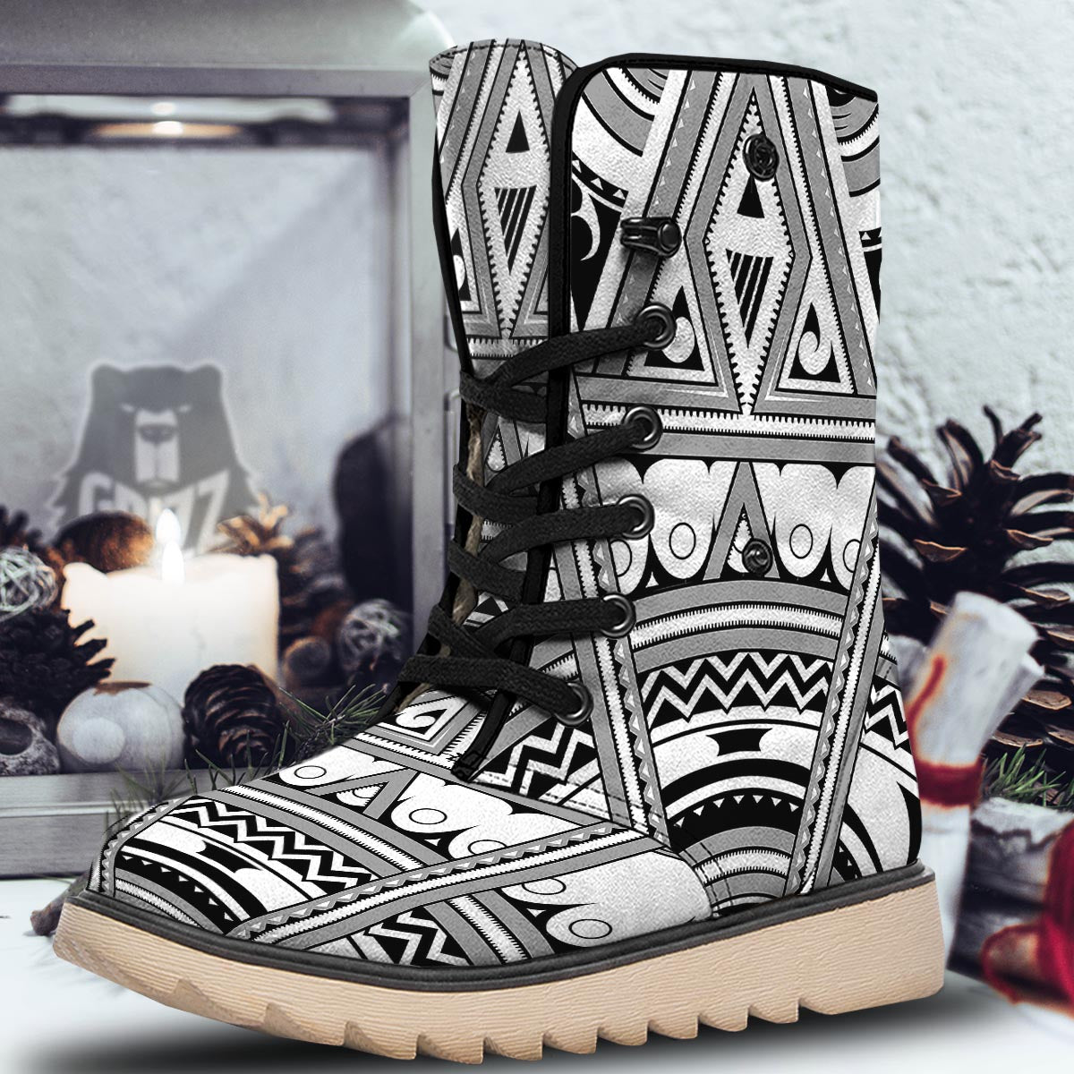 Tatto Polynesian Tribal Maori Print Snow Boots-grizzshop