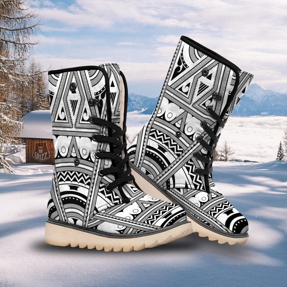 Tatto Polynesian Tribal Maori Print Snow Boots-grizzshop