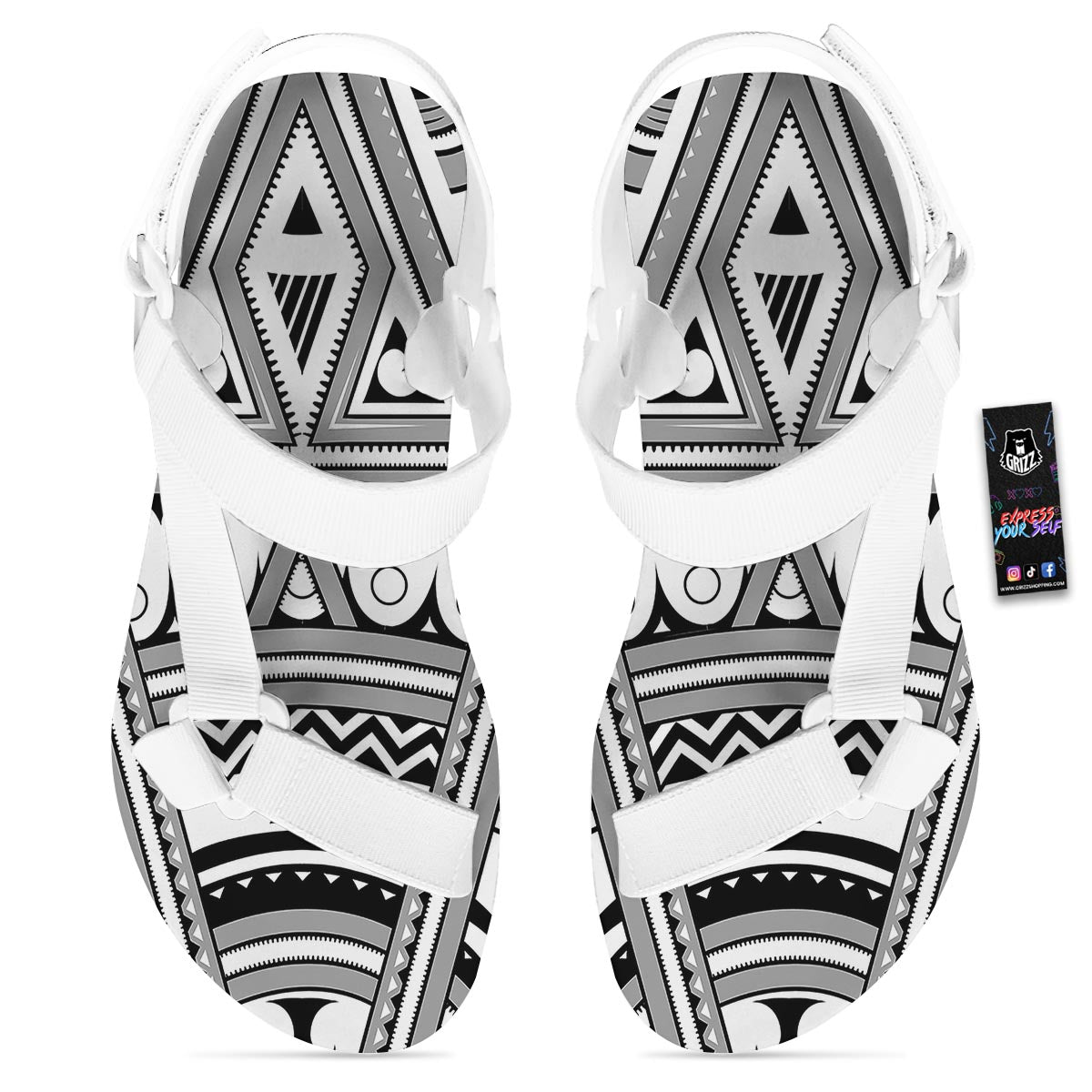 Tatto Polynesian Tribal Maori Print White Open Toe Sandals-grizzshop