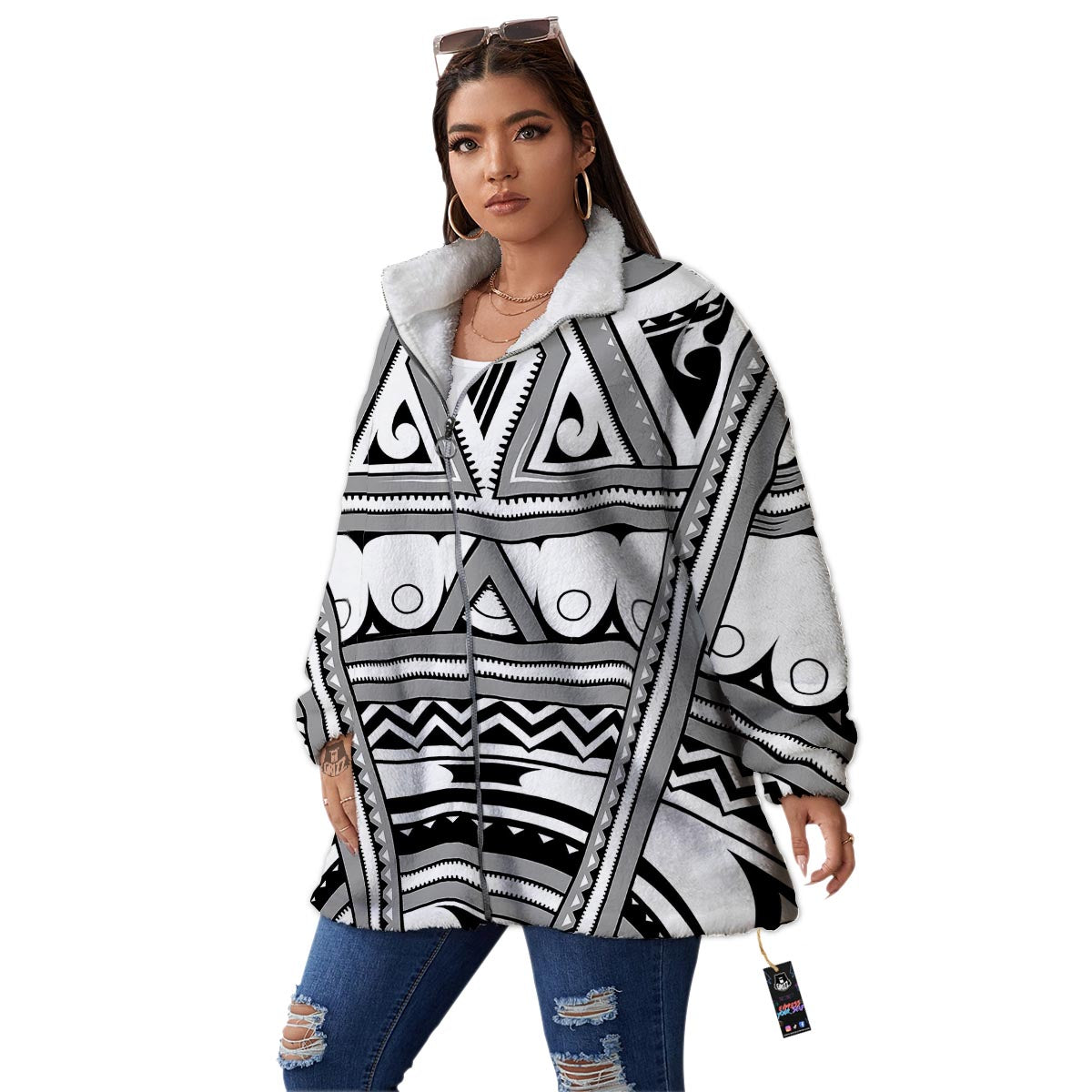 Tatto Polynesian Tribal Maori Print Women's Sherpa Jacket-grizzshop