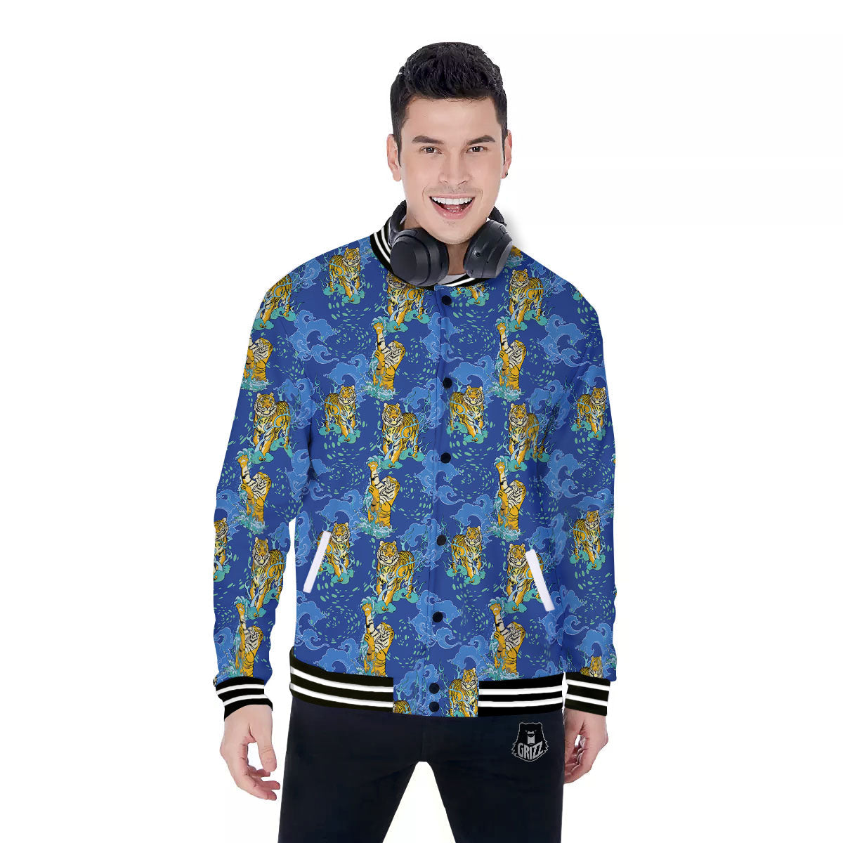 Tattoo Blue Tiger Print Pattern Baseball Jacket-grizzshop