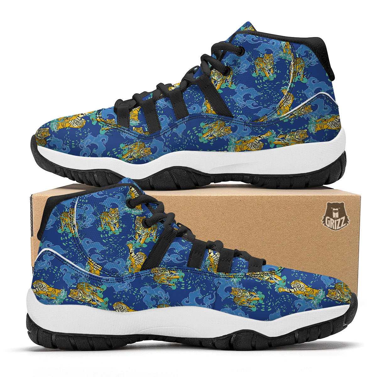Tattoo Blue Tiger Print Pattern Black Bball Shoes-grizzshop
