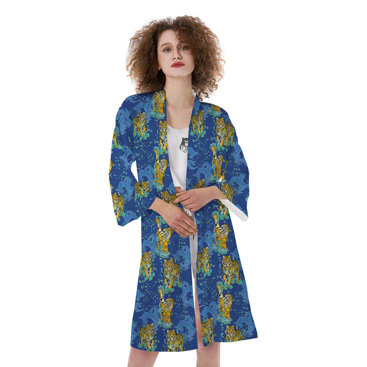 Tattoo Blue Tiger Print Pattern Kimono-grizzshop