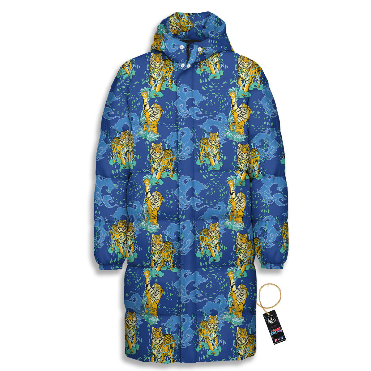 Tattoo Blue Tiger Print Pattern Long Down Jacket-grizzshop