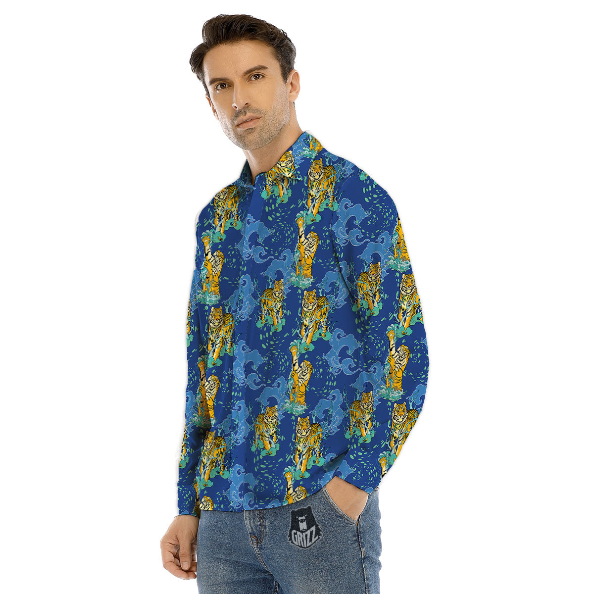 Tattoo Blue Tiger Print Pattern Men's Dress Shirts-grizzshop