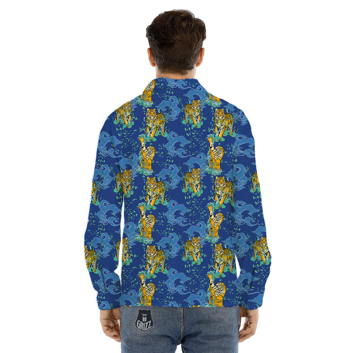 Tattoo Blue Tiger Print Pattern Men's Dress Shirts-grizzshop