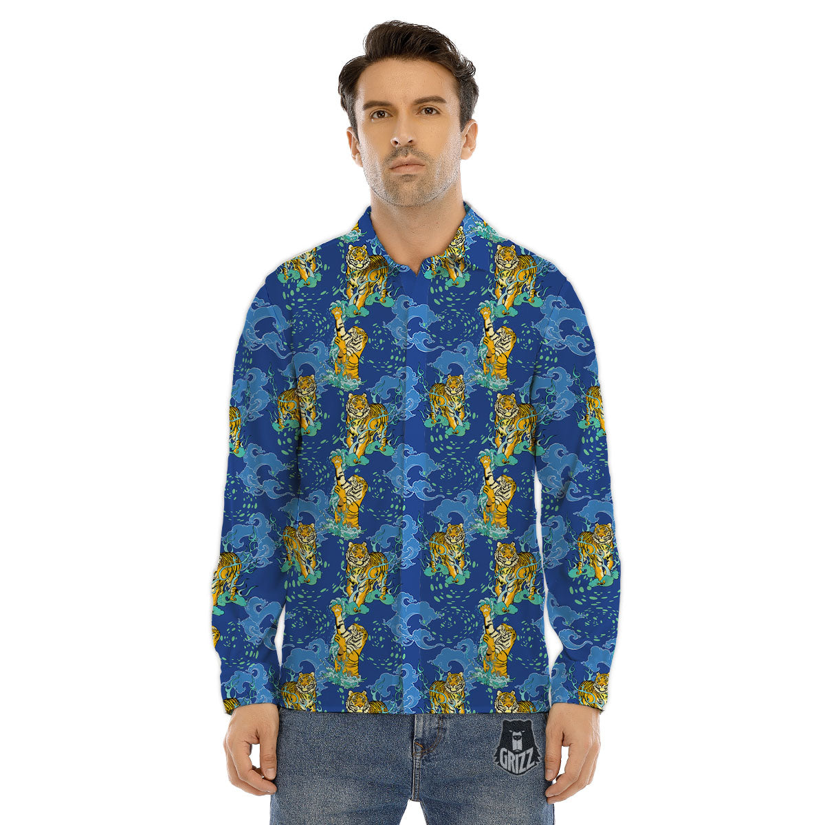 Tattoo Blue Tiger Print Pattern Men's Dress Shirts-grizzshop