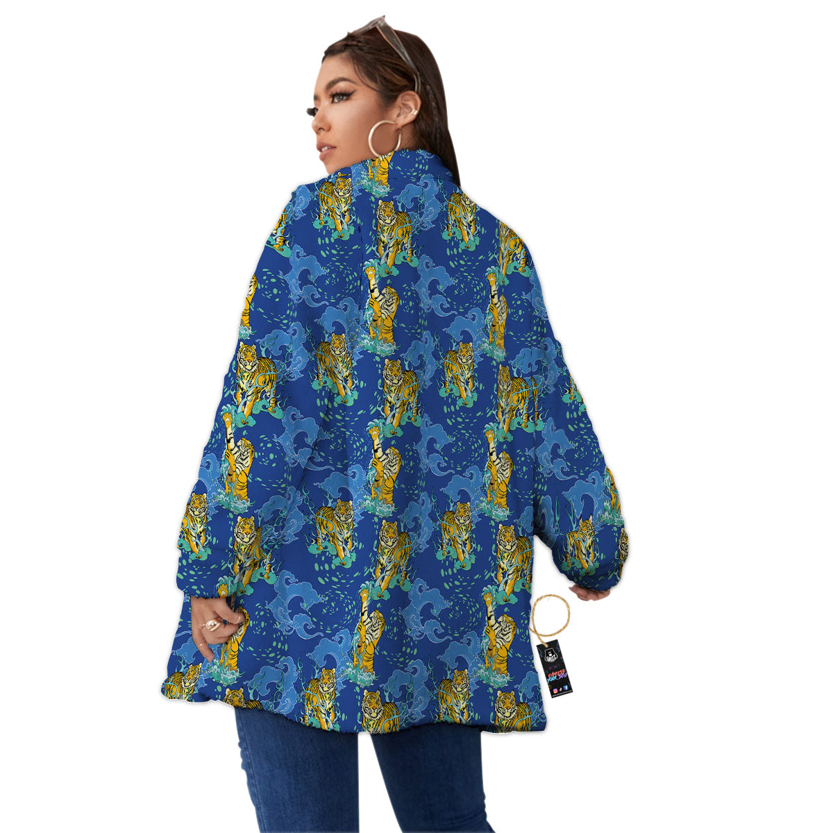 Tattoo Blue Tiger Print Pattern Women's Sherpa Jacket-grizzshop