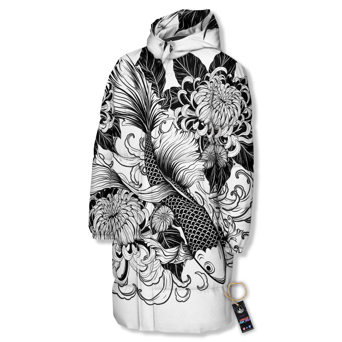 Tattoo Japanese Elemental Print Long Down Jacket-grizzshop