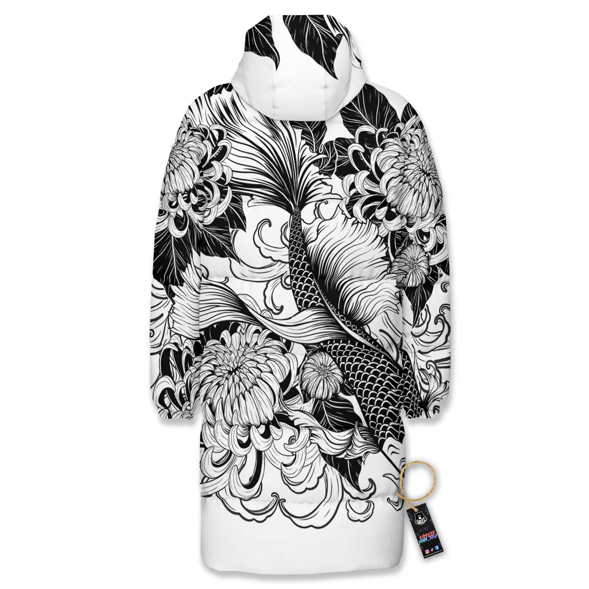 Tattoo Japanese Elemental Print Long Down Jacket-grizzshop