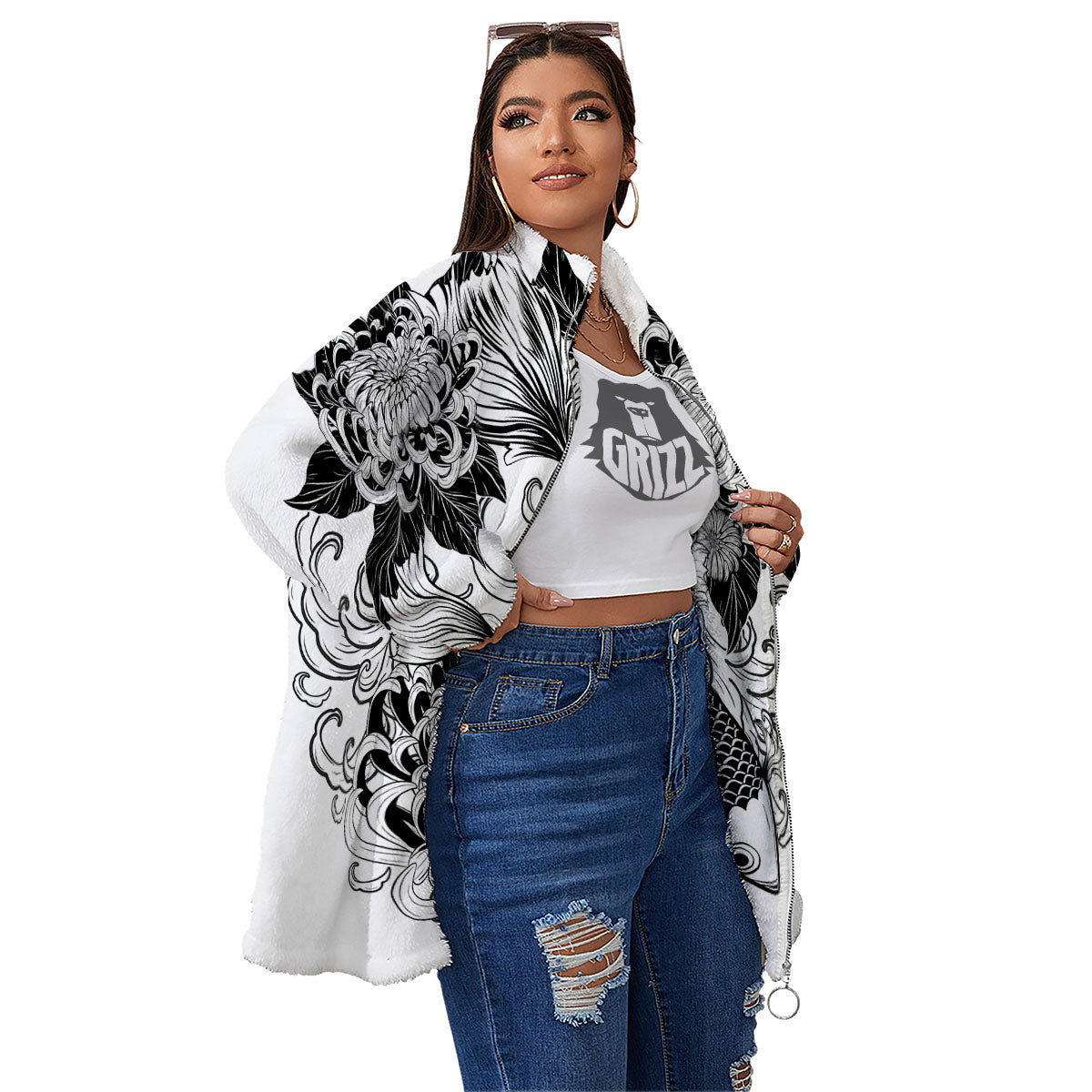 Tattoo Japanese Elemental Print Women's Sherpa Jacket-grizzshop