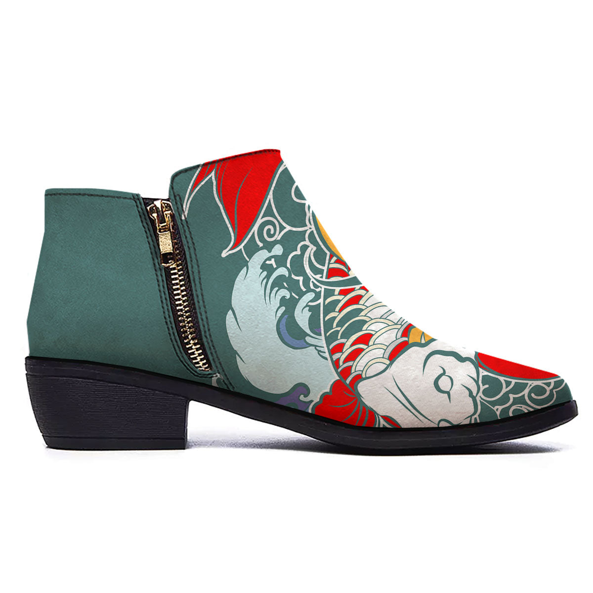 Tattoo Japanese Koi And Flower Print Ankle Boots-grizzshop