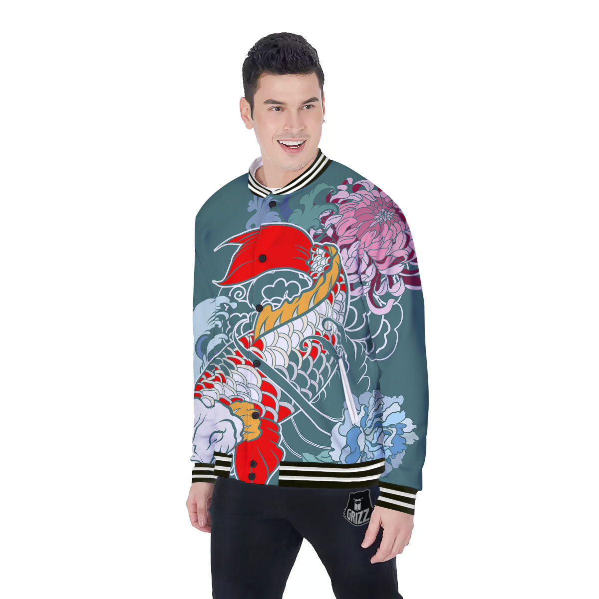 Tattoo Japanese Koi And Flower Print Baseball Jacket-grizzshop