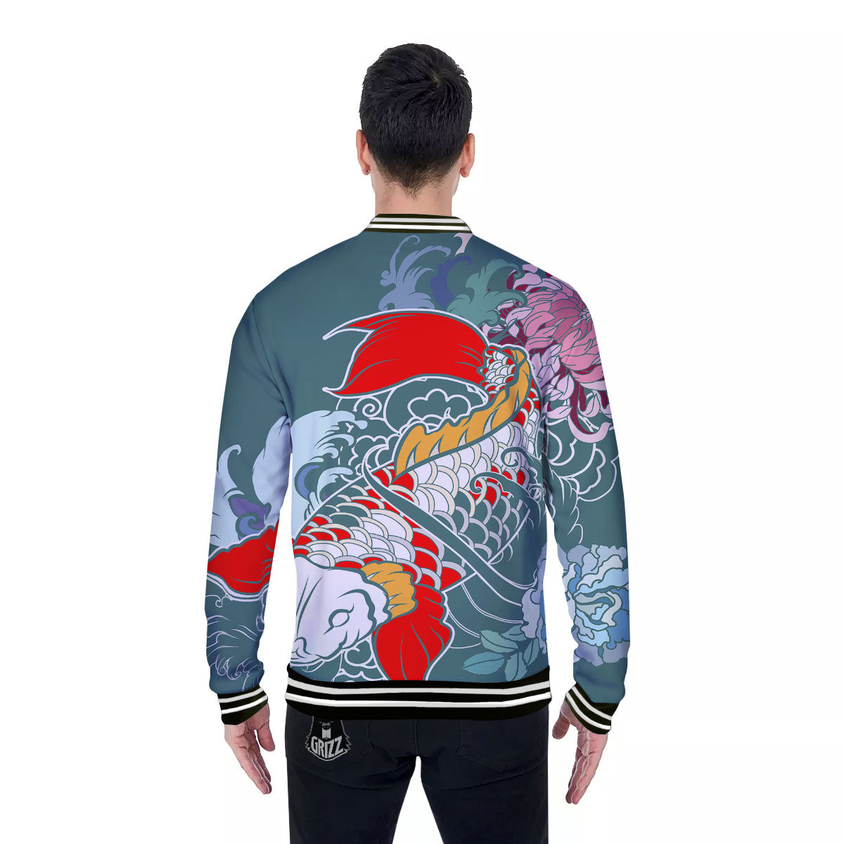 Tattoo Japanese Koi And Flower Print Baseball Jacket-grizzshop