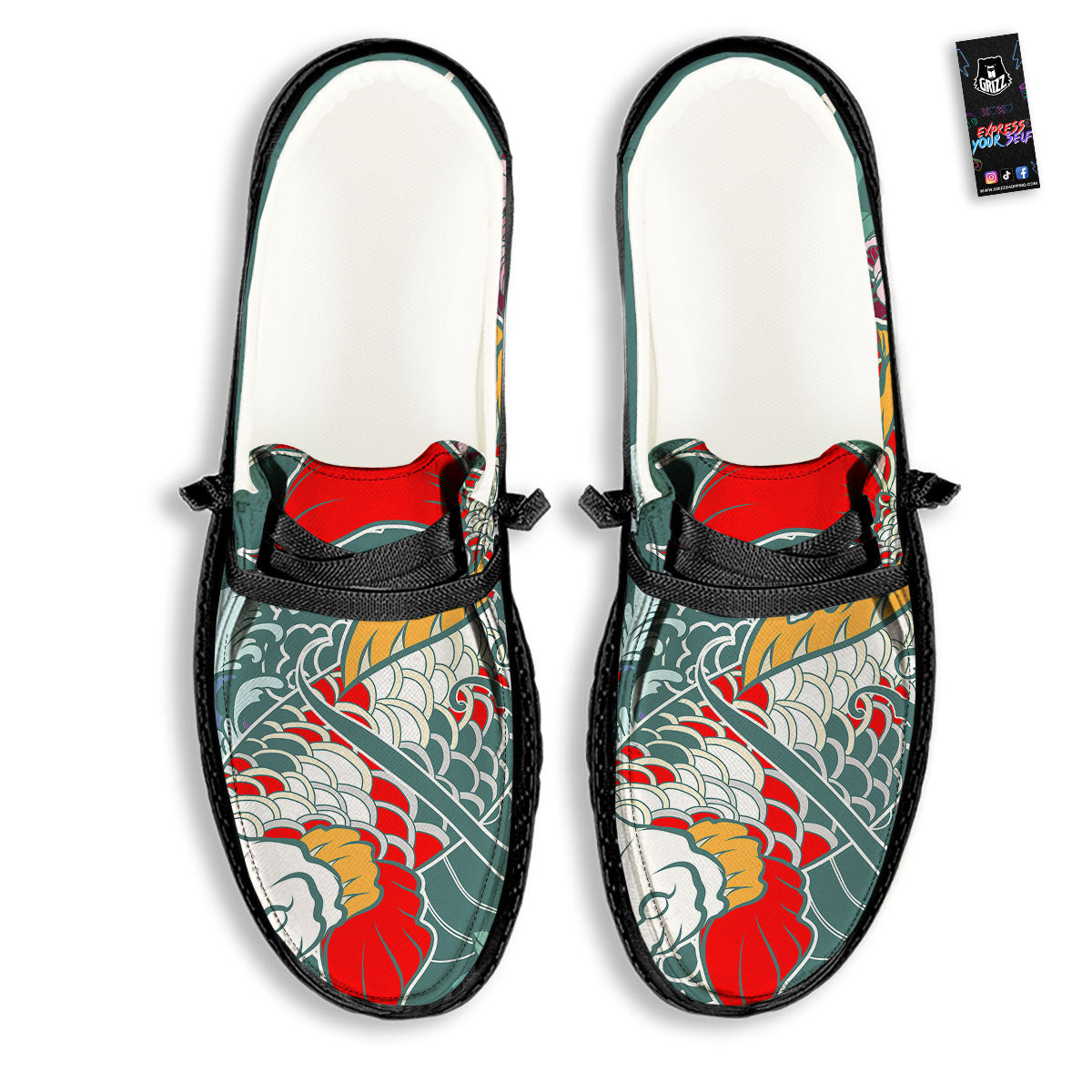 Tattoo Japanese Koi And Flower Print Black Loafers-grizzshop