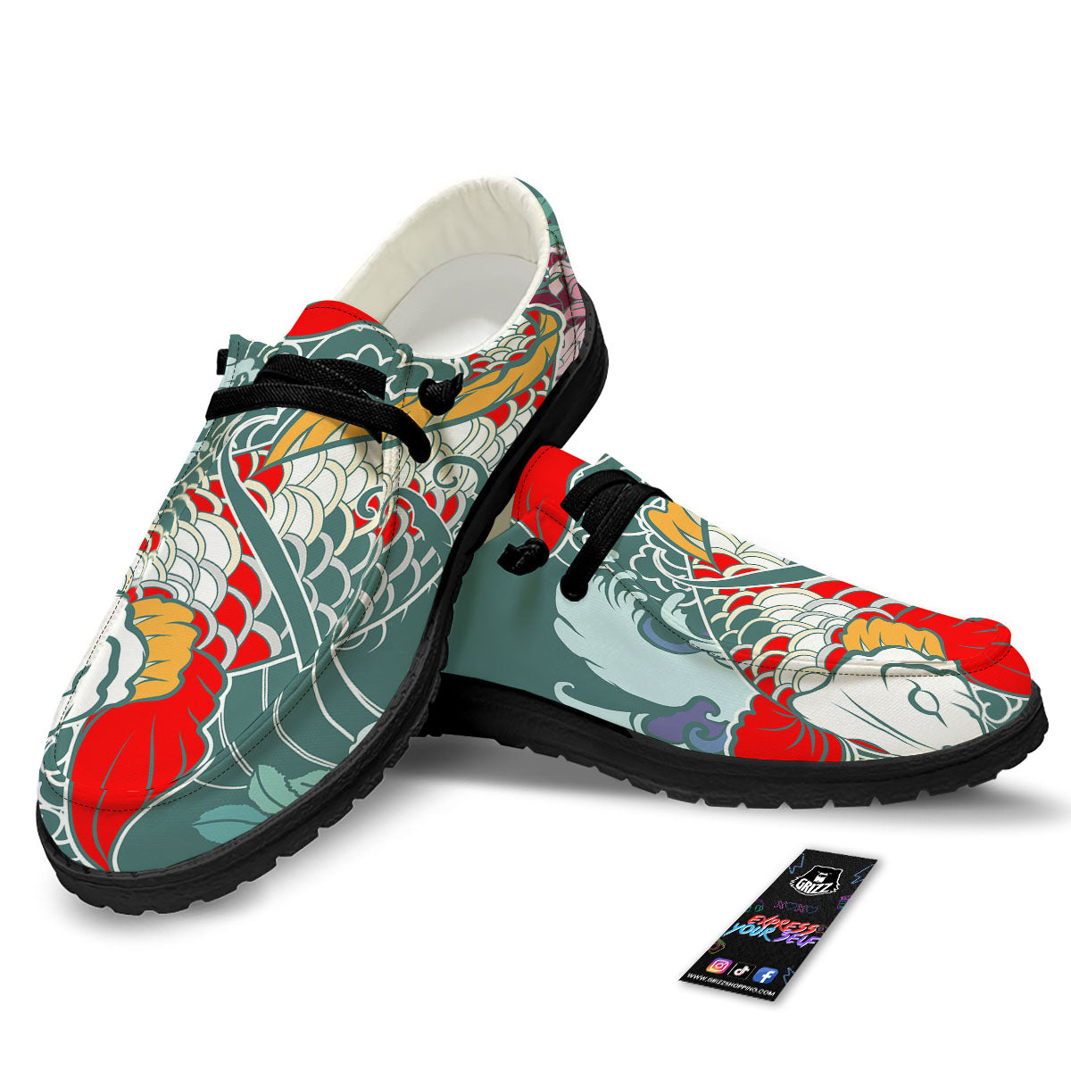 Tattoo Japanese Koi And Flower Print Black Loafers-grizzshop