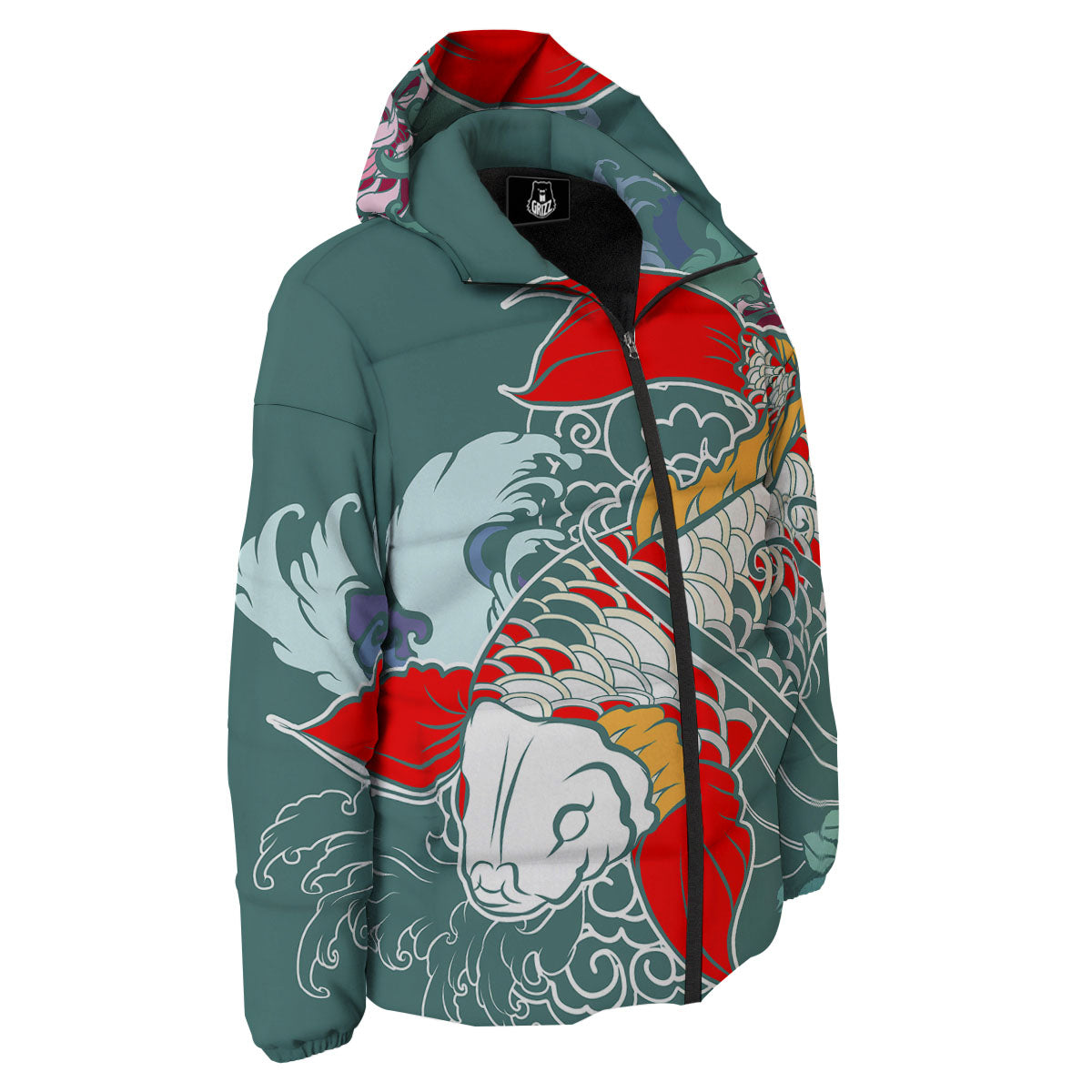 Tattoo Japanese Koi And Flower Print Down Jacket-grizzshop