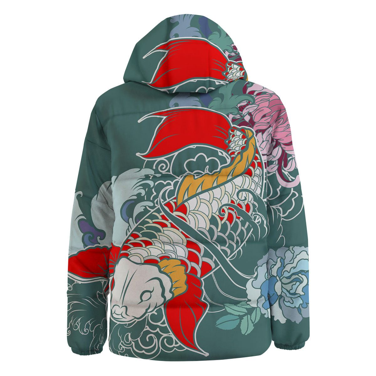 Tattoo Japanese Koi And Flower Print Down Jacket-grizzshop