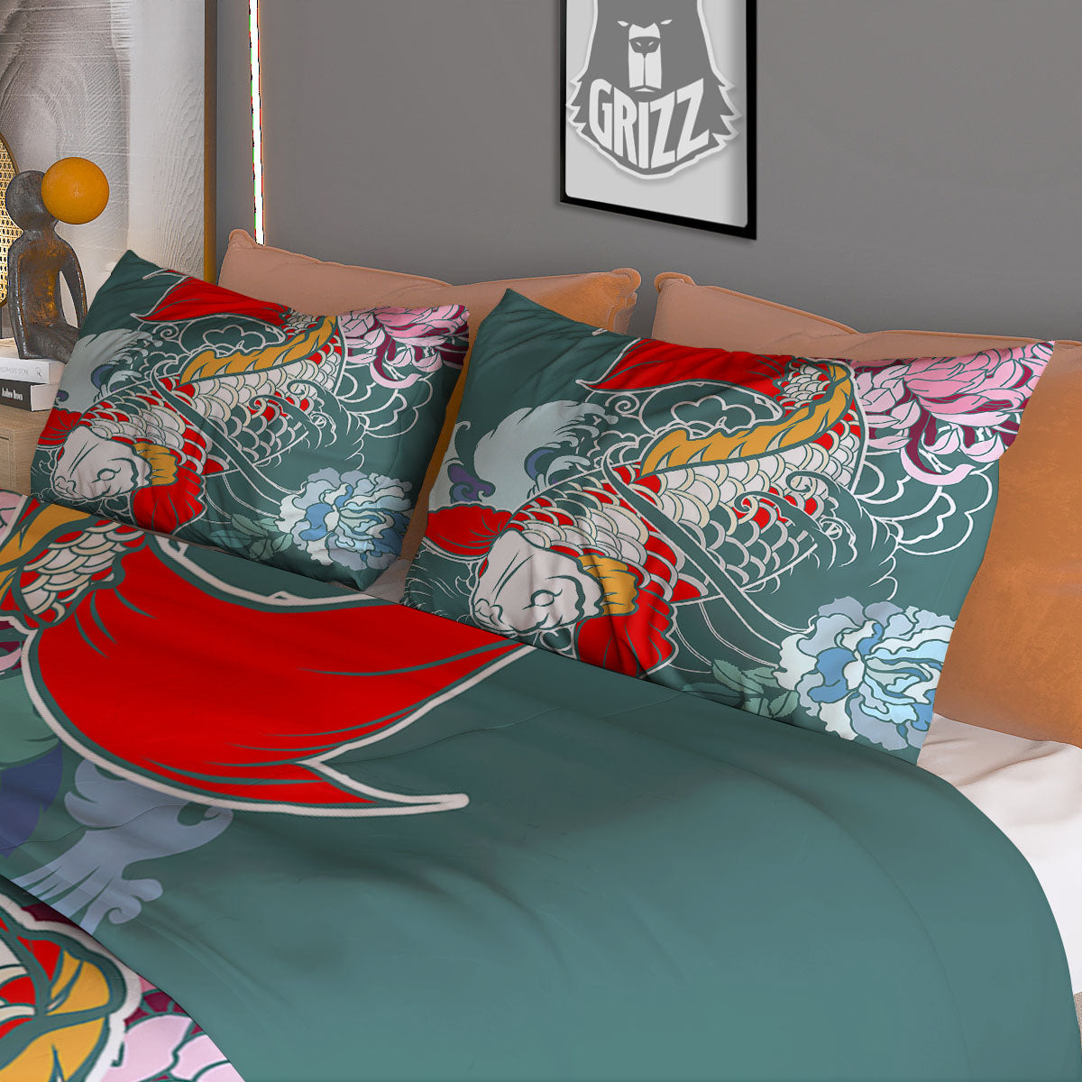 Tattoo Japanese Koi And Flower Print Duvet Cover Bedding Set