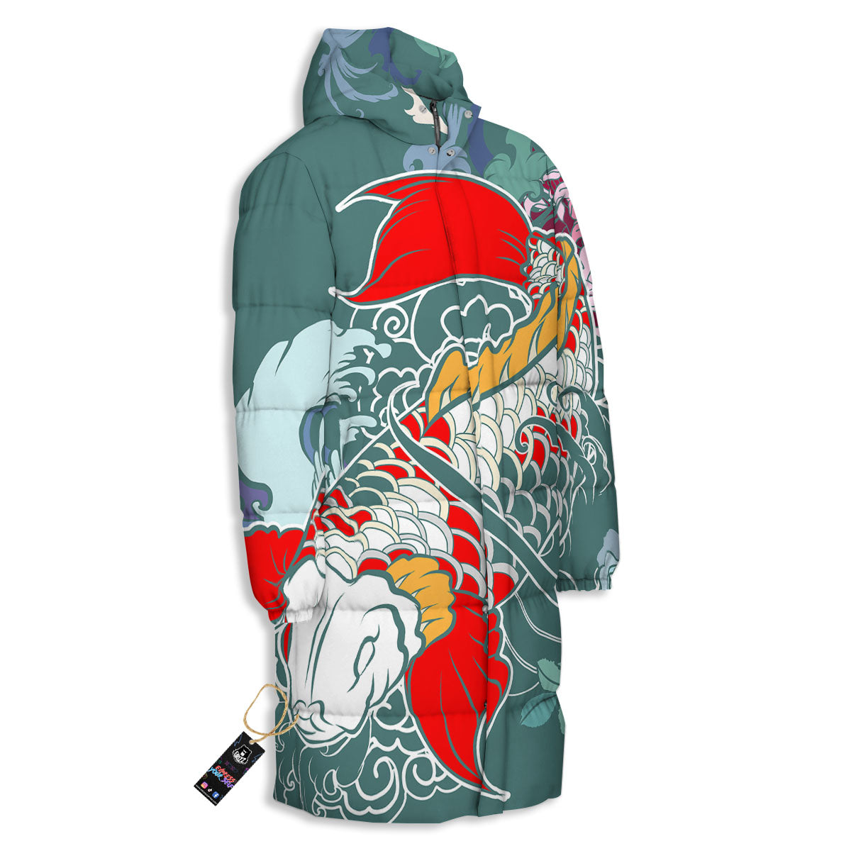 Tattoo Japanese Koi And Flower Print Long Down Jacket-grizzshop