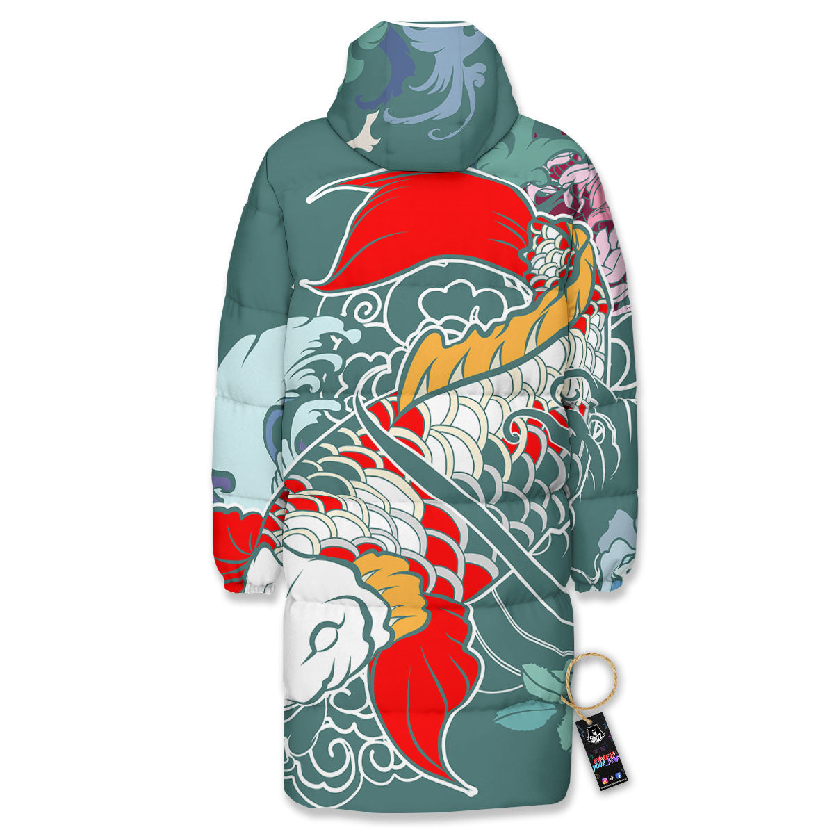 Tattoo Japanese Koi And Flower Print Long Down Jacket-grizzshop