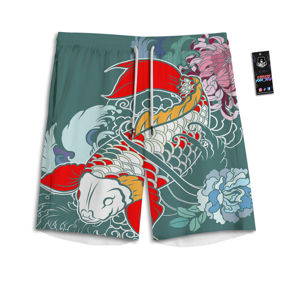 Tattoo Japanese Koi And Flower Print Men's Athletic Shorts-grizzshop