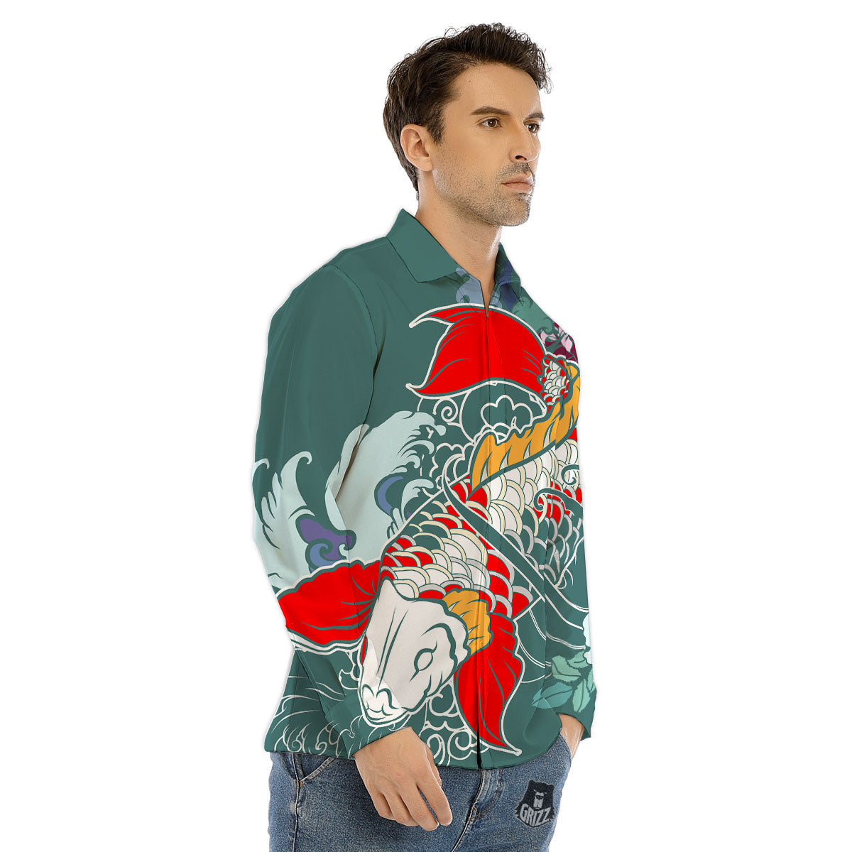 Tattoo Japanese Koi And Flower Print Men's Dress Shirts-grizzshop
