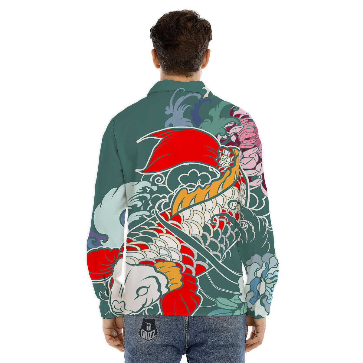 Tattoo Japanese Koi And Flower Print Men's Dress Shirts-grizzshop
