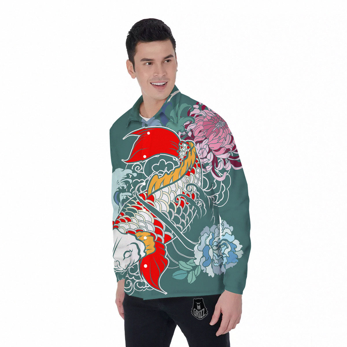 Tattoo Japanese Koi And Flower Print Men's Long Sleeve Shirts-grizzshop