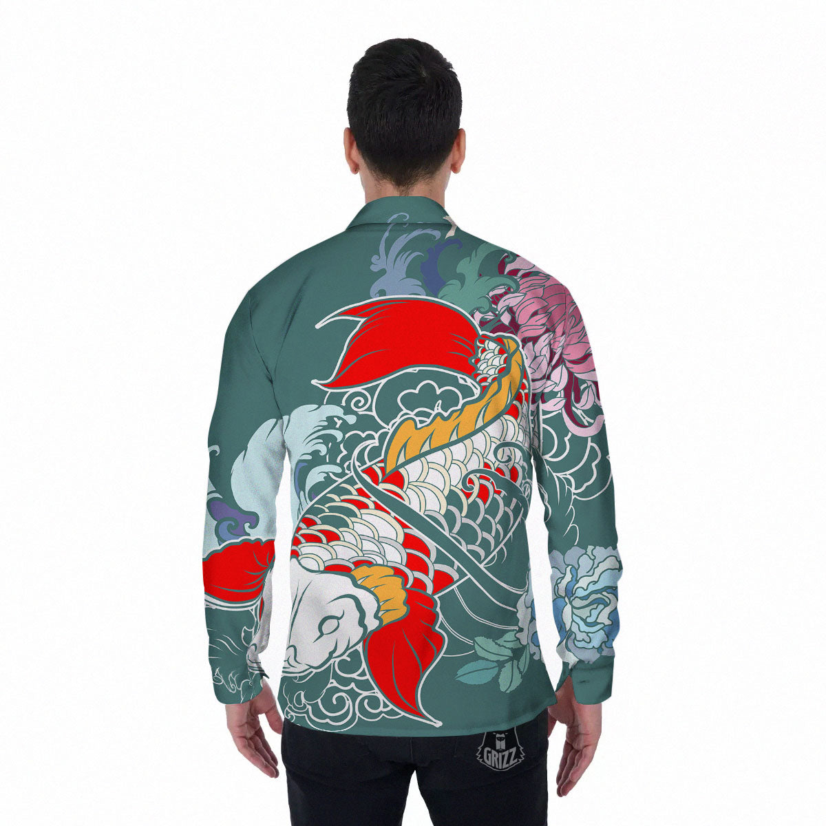Tattoo Japanese Koi And Flower Print Men's Long Sleeve Shirts-grizzshop