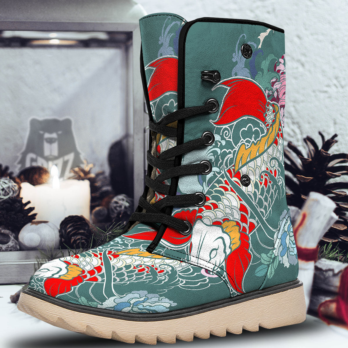 Tattoo Japanese Koi And Flower Print Snow Boots-grizzshop
