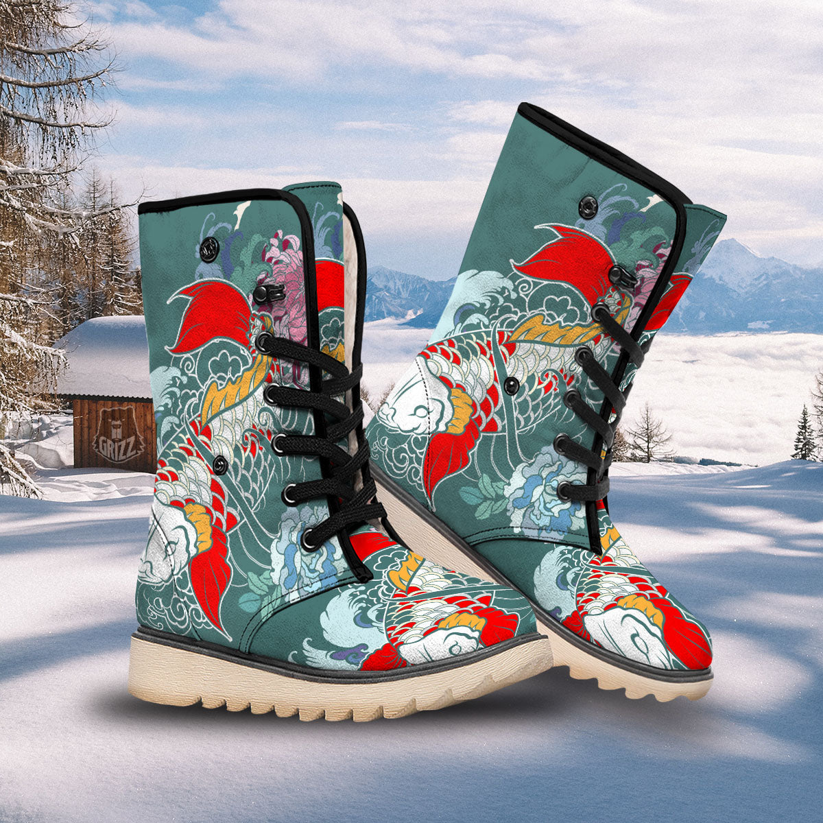 Tattoo Japanese Koi And Flower Print Snow Boots-grizzshop