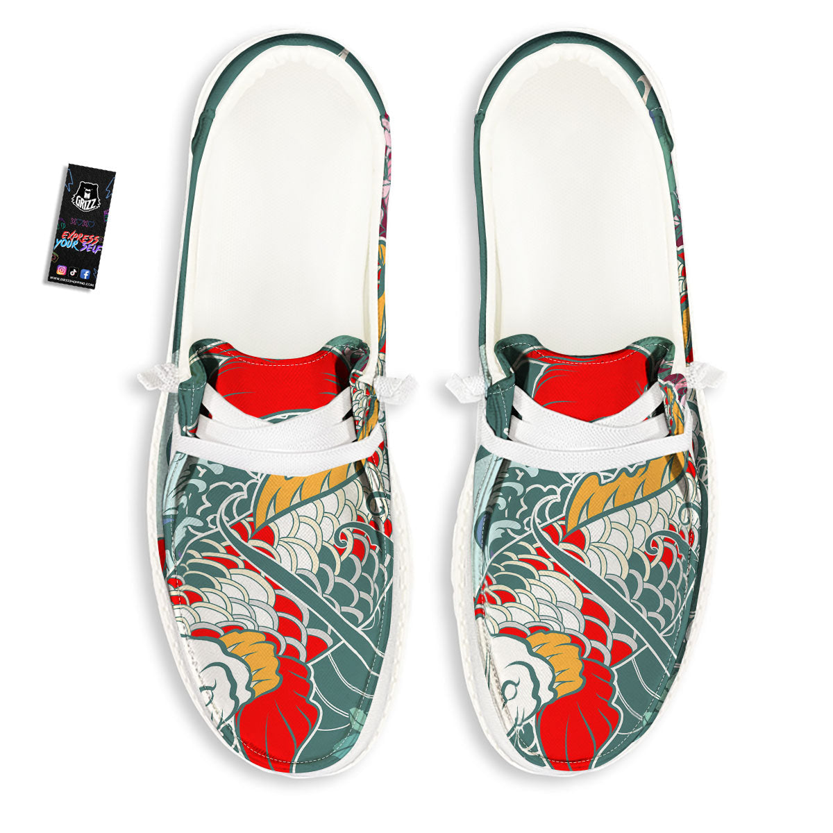 Tattoo Japanese Koi And Flower Print White Loafers-grizzshop