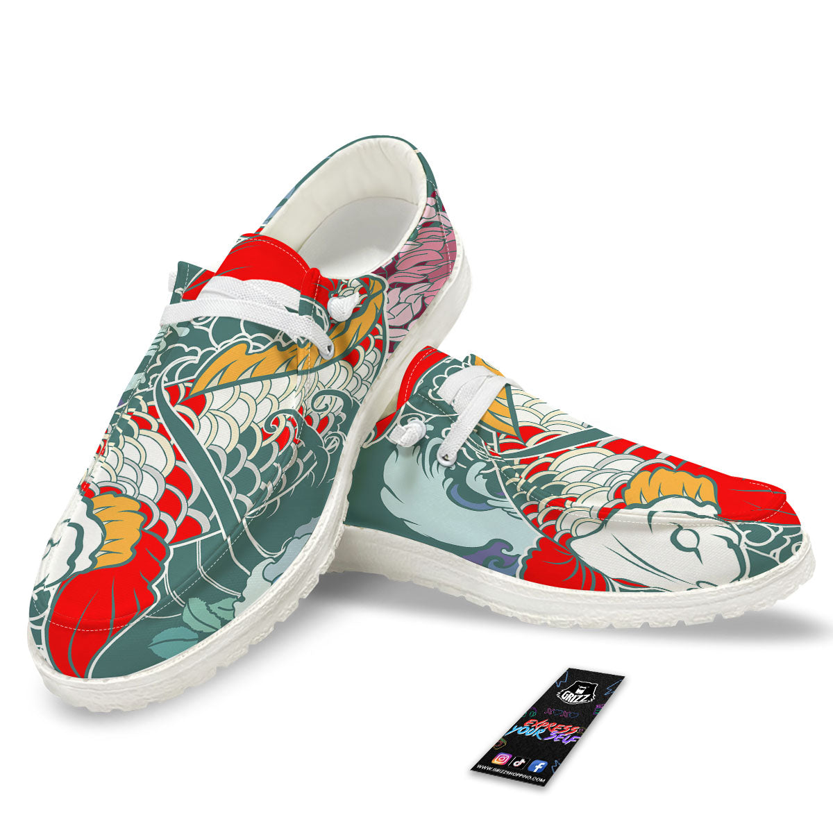 Tattoo Japanese Koi And Flower Print White Loafers-grizzshop