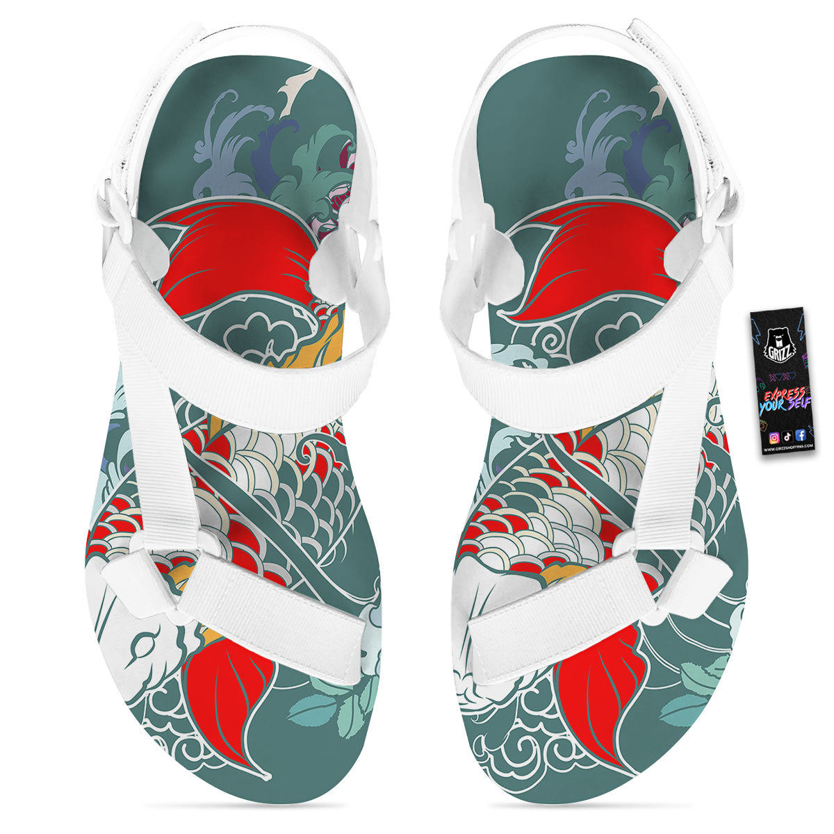 Tattoo Japanese Koi And Flower Print White Open Toe Sandals-grizzshop