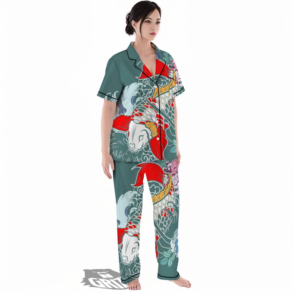 Tattoo Japanese Koi And Flower Print Women's Pajamas Set-grizzshop