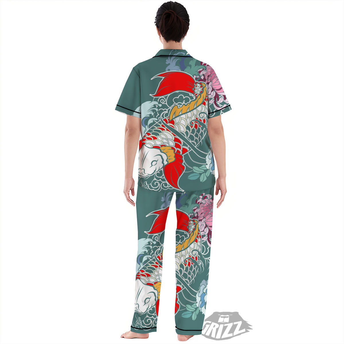 Tattoo Japanese Koi And Flower Print Women's Pajamas Set-grizzshop