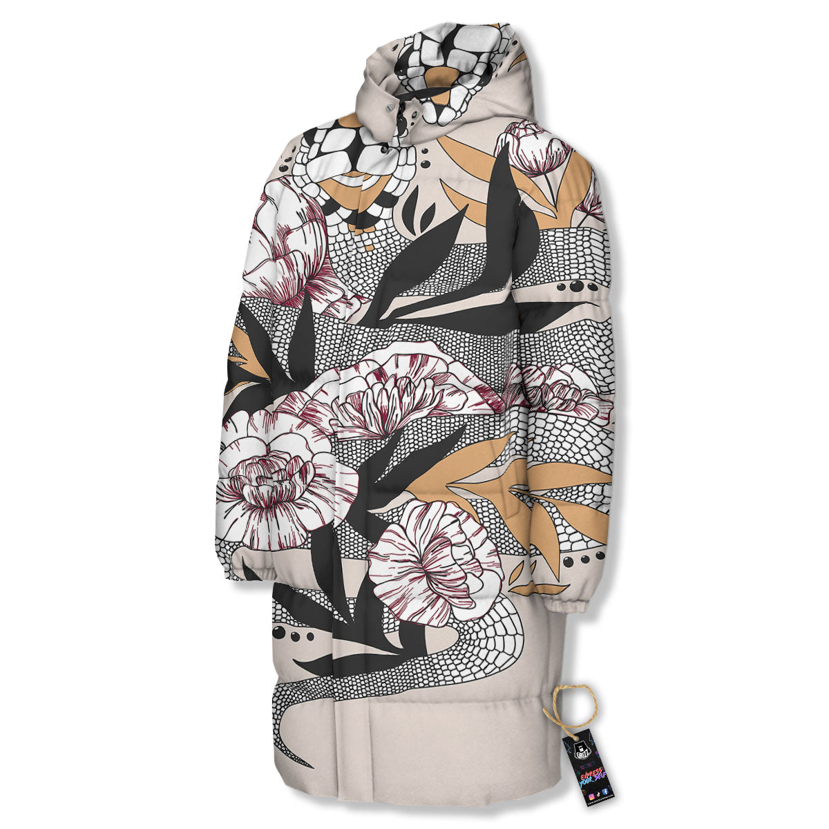 Tattoo Japanese Snake Print Long Down Jacket-grizzshop