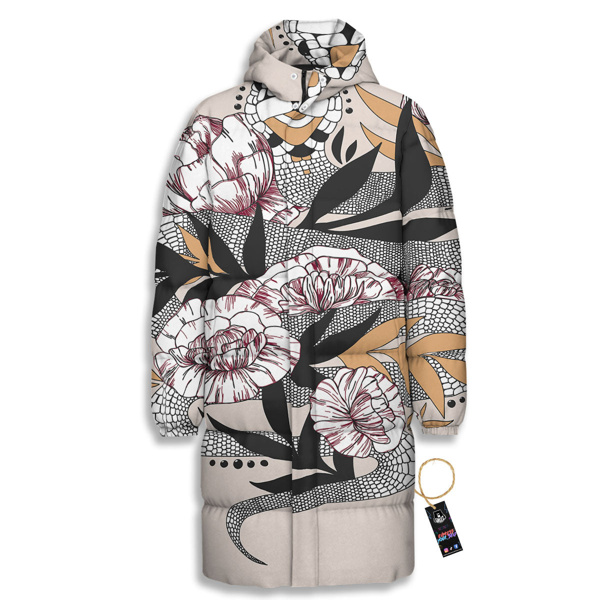 Tattoo Japanese Snake Print Long Down Jacket-grizzshop