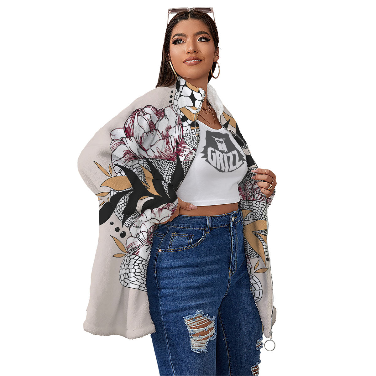 Tattoo Japanese Snake Print Women's Sherpa Jacket-grizzshop